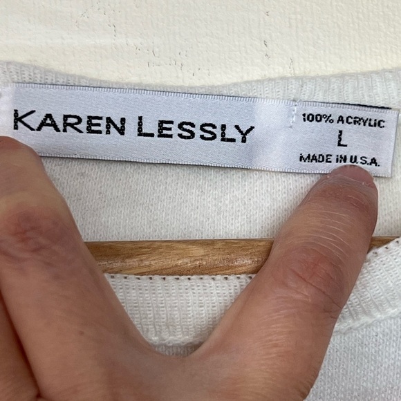 Karen Lessly Women Sweater Large $80 Cream Blue Oversized Boxy Acrylic Vtg USA - Picture 5 of 15